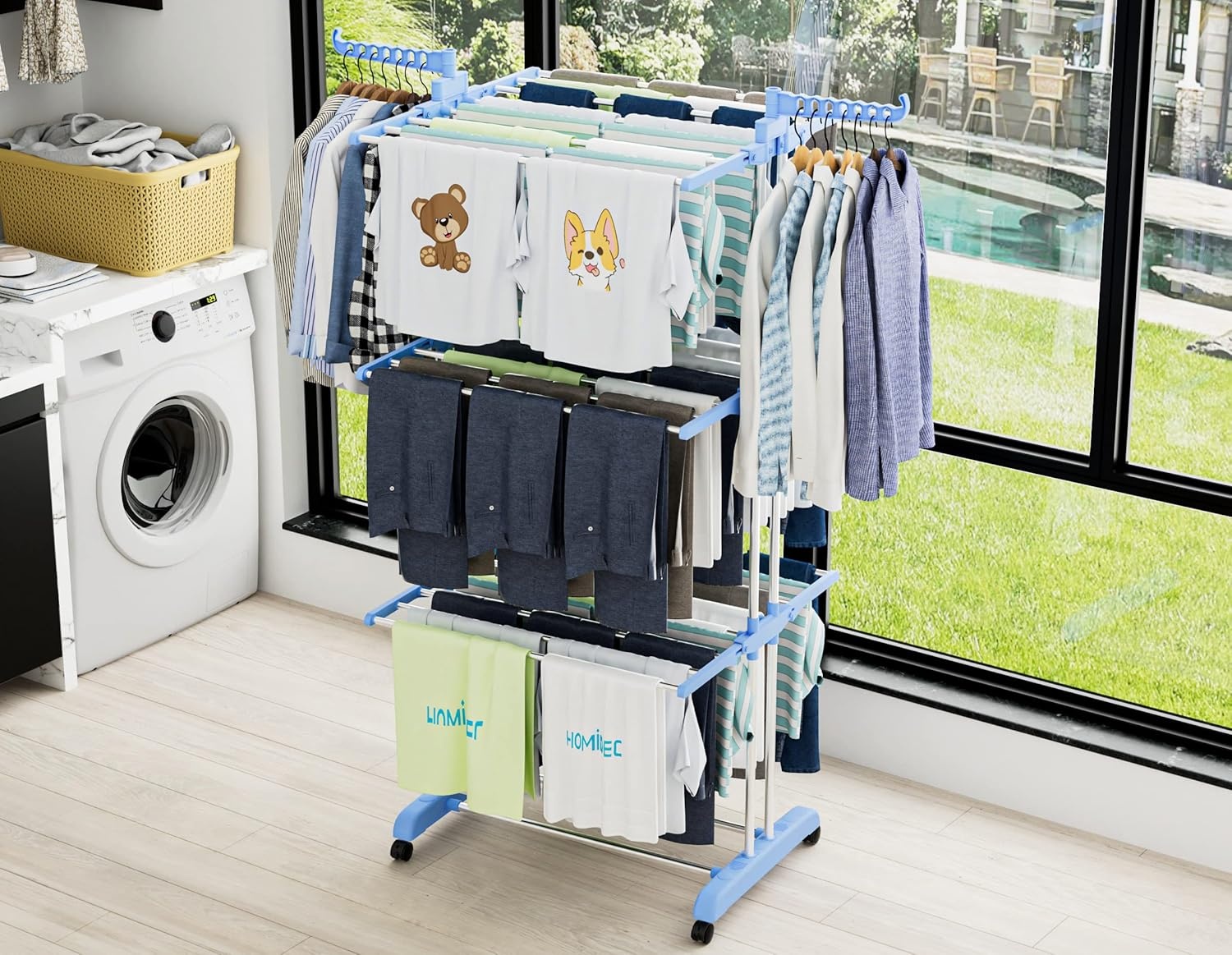 image:imageHOMIDEC Clothes Drying Rack Oversized 4Tier677 High Foldable Stainless Steel Drying Rack Clothing Movable Drying Rack with 4 castors 24 Drying Poles and 14 Hooks for Bed Linen Clothing GreyBlue