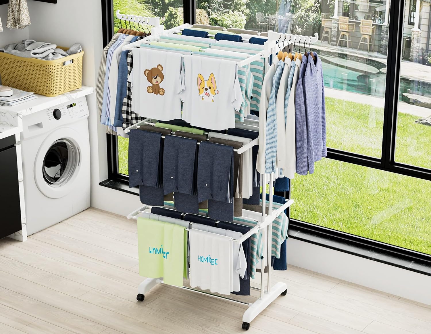 image:imageHOMIDEC Clothes Drying Rack Oversized 4Tier677 High Foldable Stainless Steel Drying Rack Clothing Movable Drying Rack with 4 castors 24 Drying Poles and 14 Hooks for Bed Linen Clothing GreyWhite