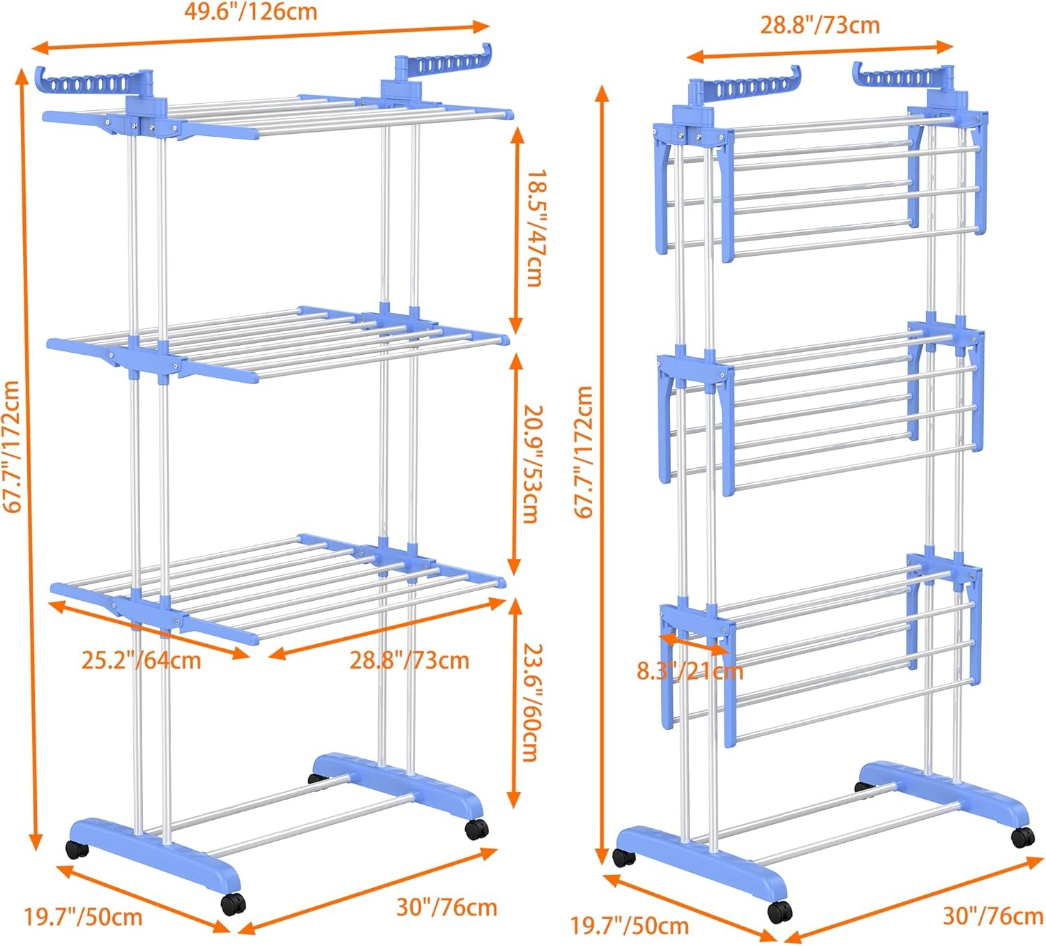 image:imageHOMIDEC Clothes Drying Rack Oversized 4Tier677 High Foldable Stainless Steel Drying Rack Clothing Movable Drying Rack with 4 castors 24 Drying Poles and 14 Hooks for Bed Linen Clothing GreyBlue