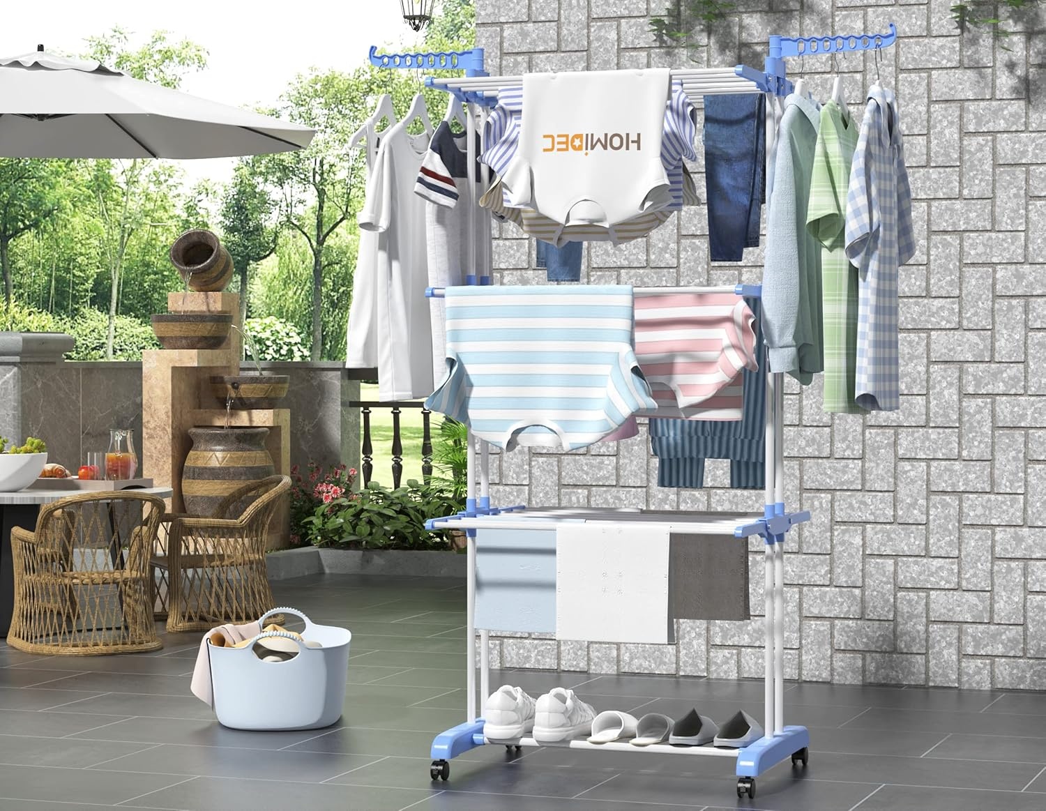 image:imageHOMIDEC Clothes Drying Rack Oversized 4Tier677 High Foldable Stainless Steel Drying Rack Clothing Movable Drying Rack with 4 castors 24 Drying Poles and 14 Hooks for Bed Linen Clothing GreyBlue