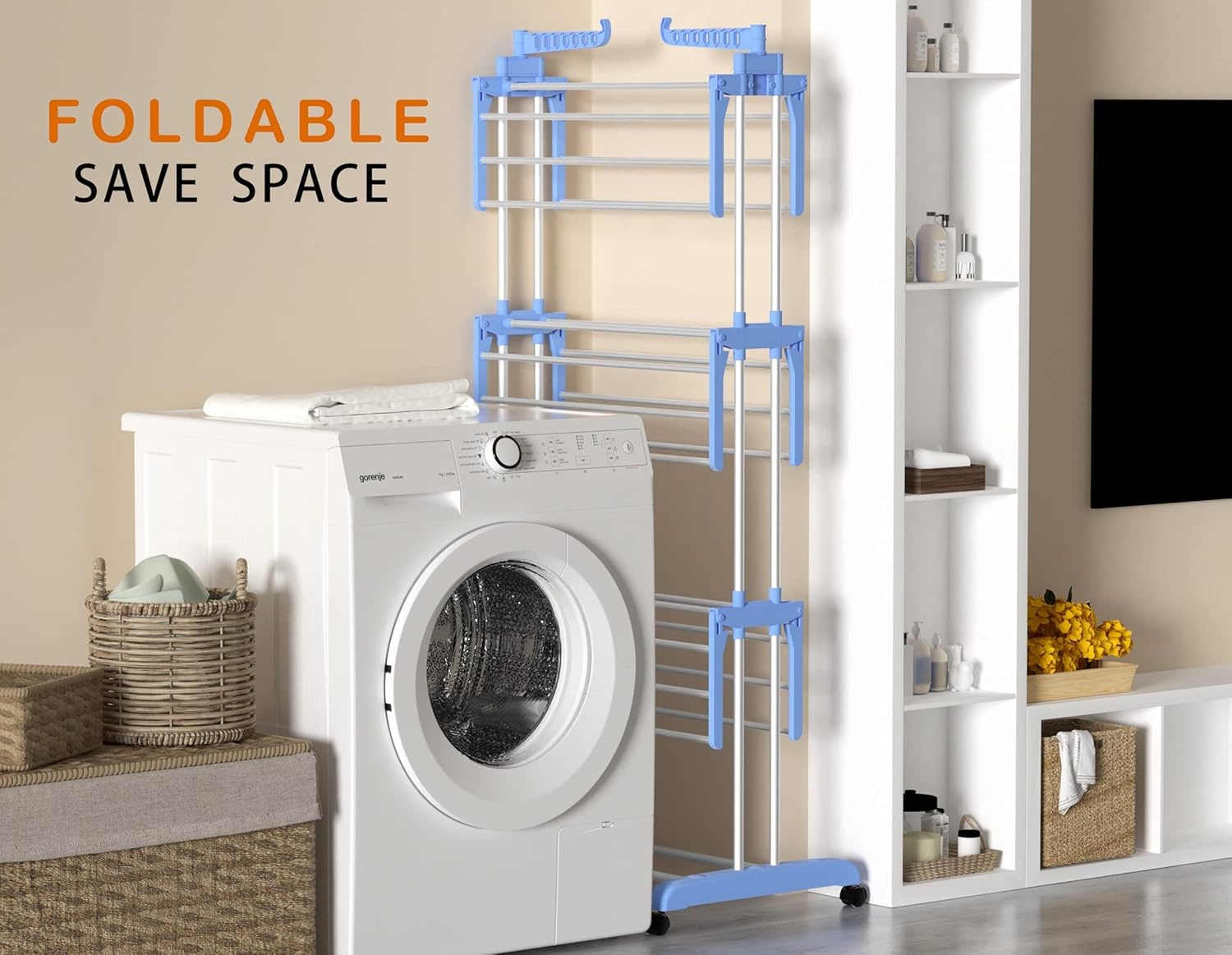image:imageHOMIDEC Clothes Drying Rack Oversized 4Tier677 High Foldable Stainless Steel Drying Rack Clothing Movable Drying Rack with 4 castors 24 Drying Poles and 14 Hooks for Bed Linen Clothing GreyBlue