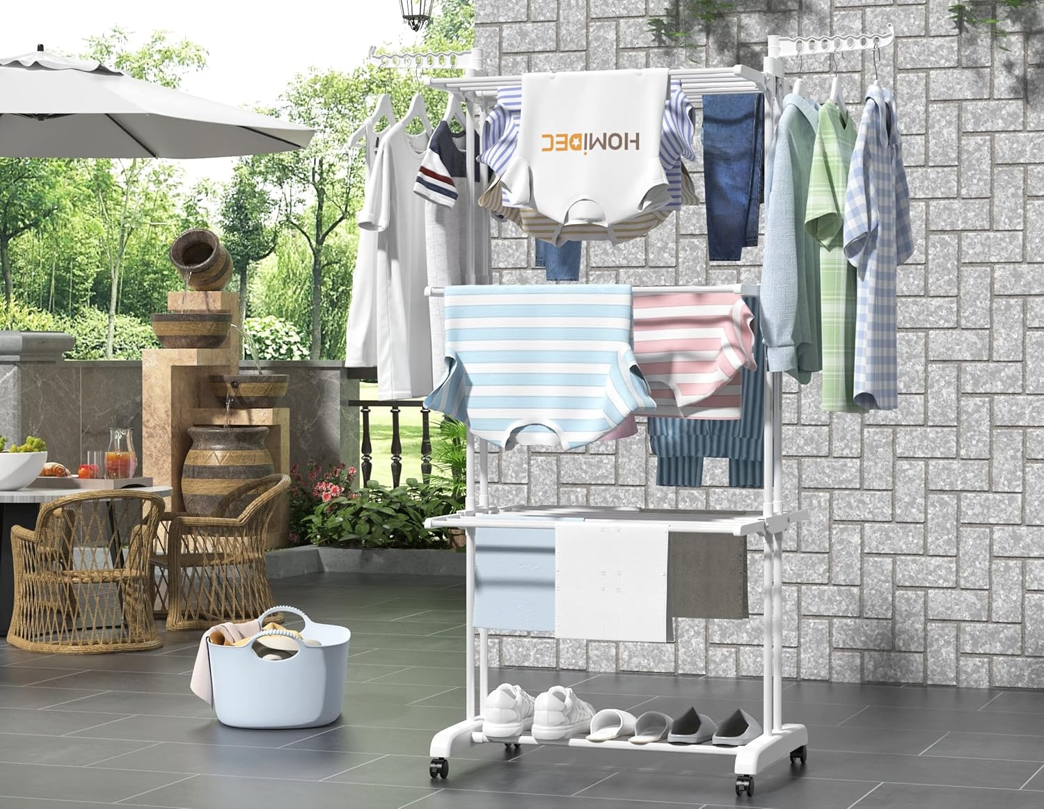 image:imageHOMIDEC Clothes Drying Rack Oversized 4Tier677 High Foldable Stainless Steel Drying Rack Clothing Movable Drying Rack with 4 castors 24 Drying Poles and 14 Hooks for Bed Linen Clothing GreyWhite