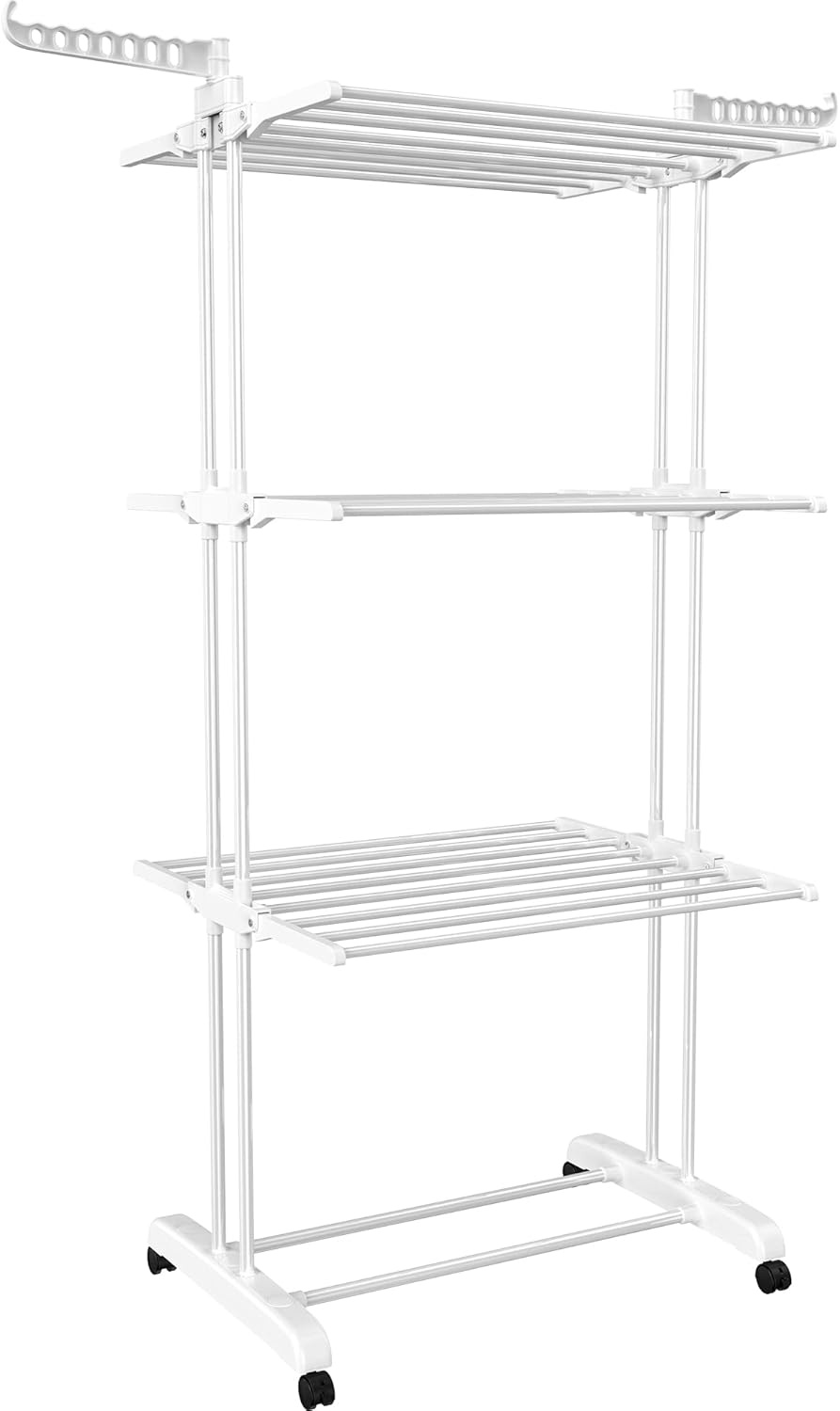 image:imageHOMIDEC Clothes Drying Rack Oversized 4Tier677 High Foldable Stainless Steel Drying Rack Clothing Movable Drying Rack with 4 castors 24 Drying Poles and 14 Hooks for Bed Linen Clothing GreyWhite