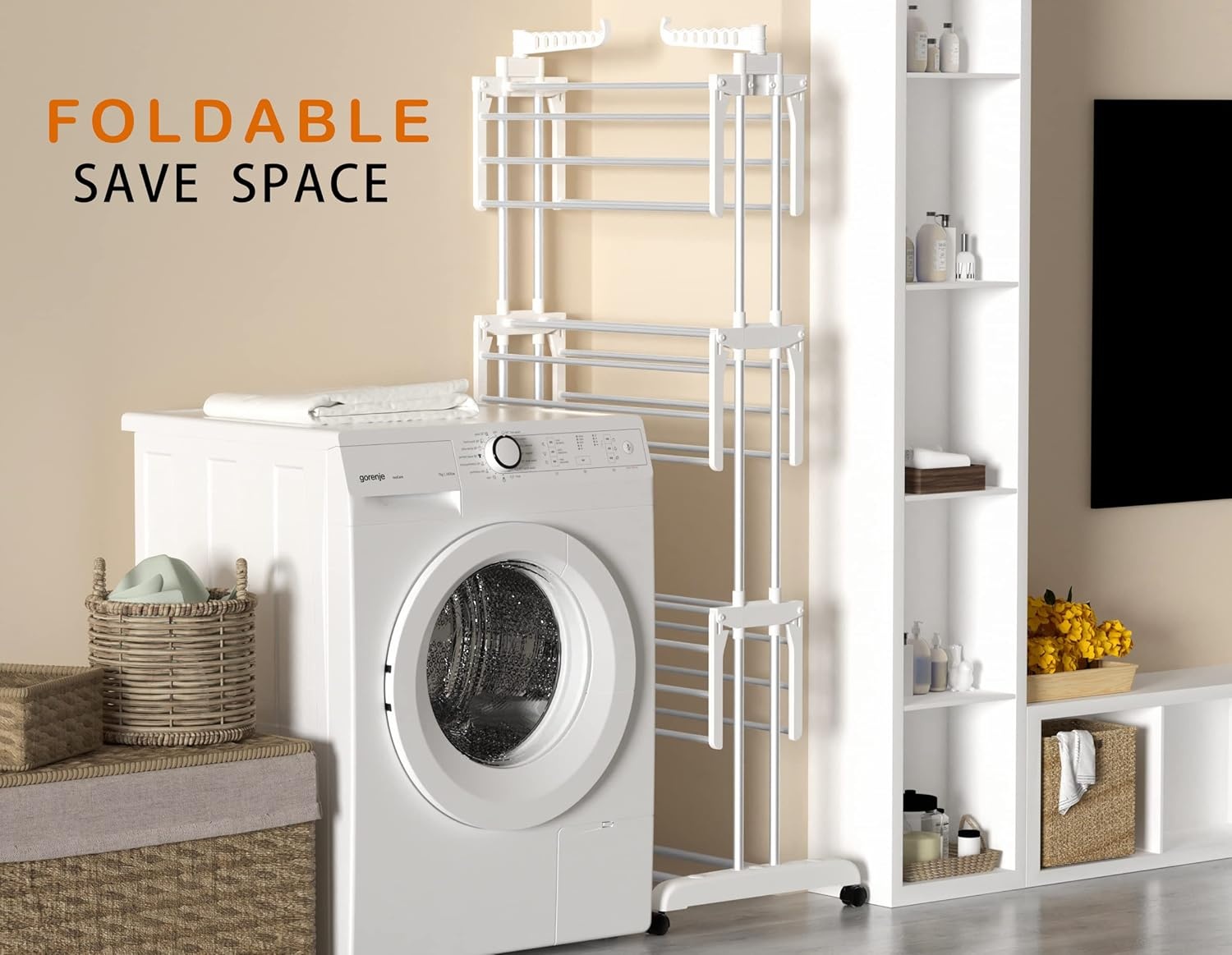 image:imageHOMIDEC Clothes Drying Rack Oversized 4Tier677 High Foldable Stainless Steel Drying Rack Clothing Movable Drying Rack with 4 castors 24 Drying Poles and 14 Hooks for Bed Linen Clothing GreyWhite