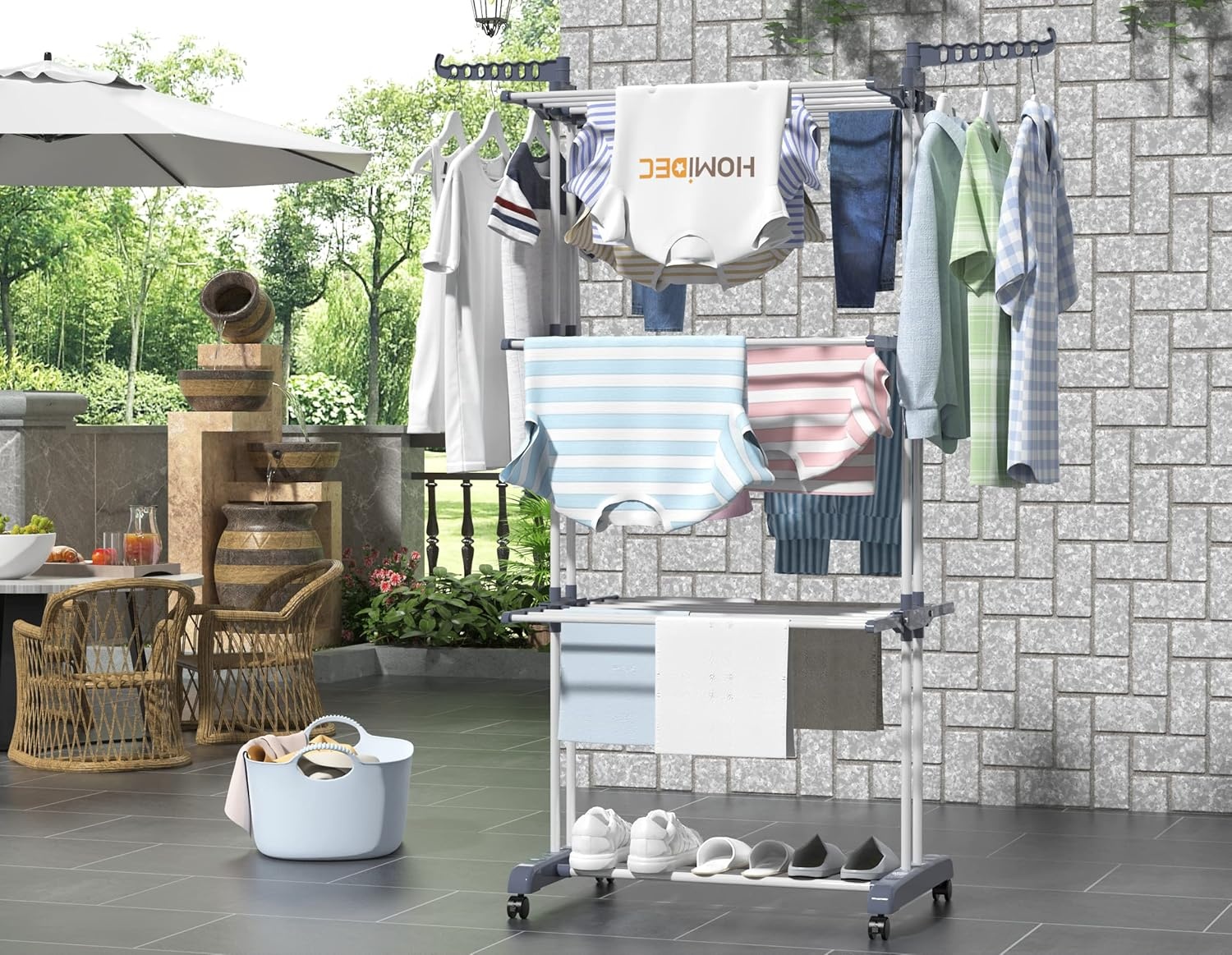 image:imageHOMIDEC Clothes Drying Rack Oversized 4Tier677 High Foldable Stainless Steel Drying Rack Clothing Movable Drying Rack with 4 castors 24 Drying Poles and 14 Hooks for Bed Linen Clothing GreyGray