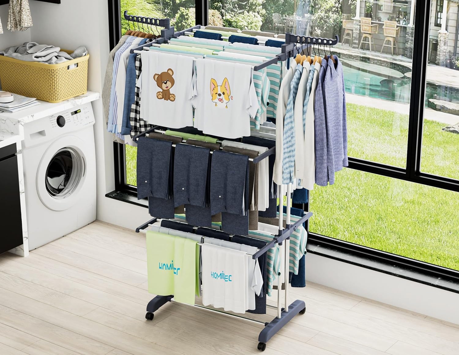 image:imageHOMIDEC Clothes Drying Rack Oversized 4Tier677 High Foldable Stainless Steel Drying Rack Clothing Movable Drying Rack with 4 castors 24 Drying Poles and 14 Hooks for Bed Linen Clothing GreyGray