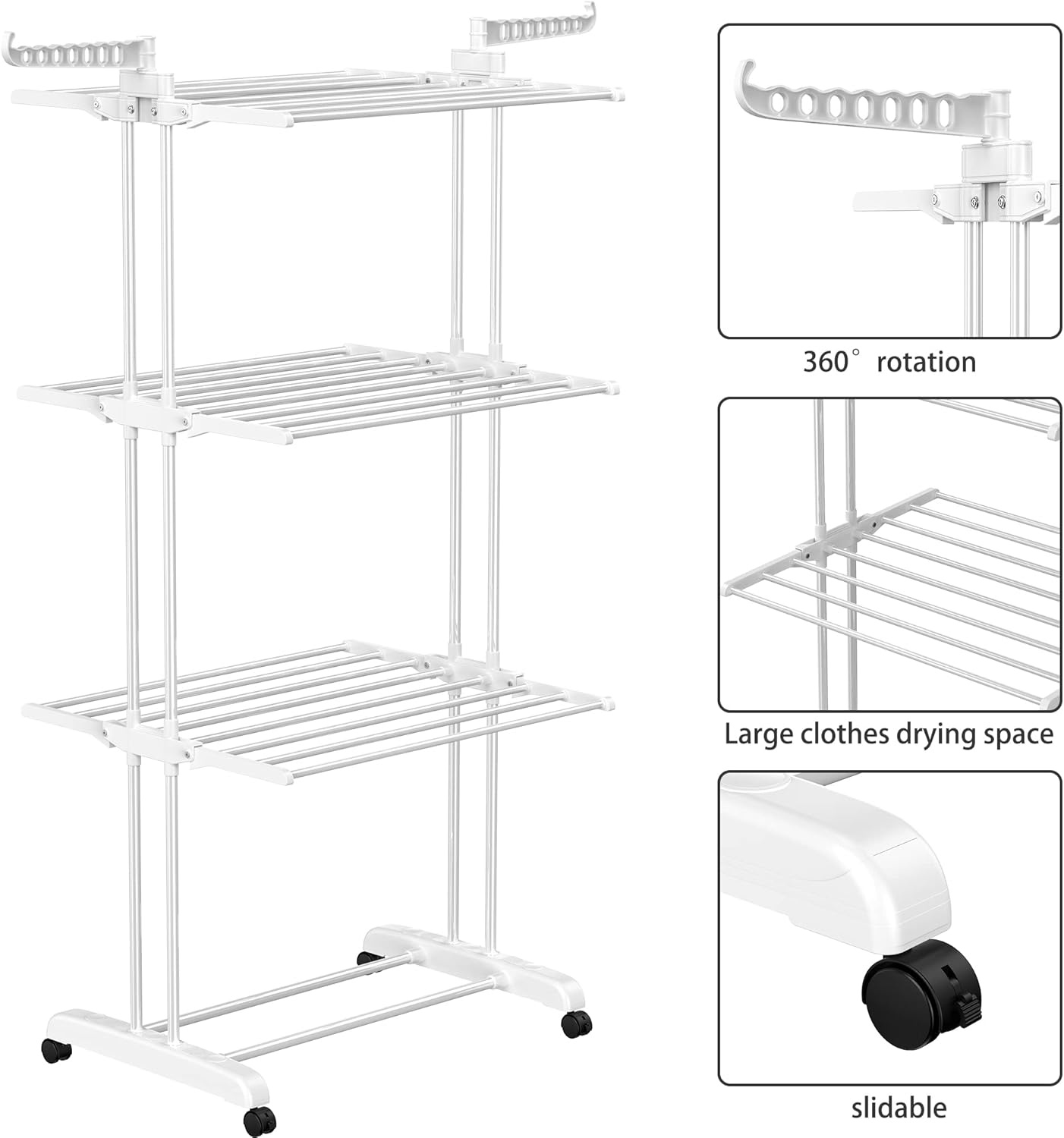 image:imageHOMIDEC Clothes Drying Rack Oversized 4Tier677 High Foldable Stainless Steel Drying Rack Clothing Movable Drying Rack with 4 castors 24 Drying Poles and 14 Hooks for Bed Linen Clothing GreyWhite