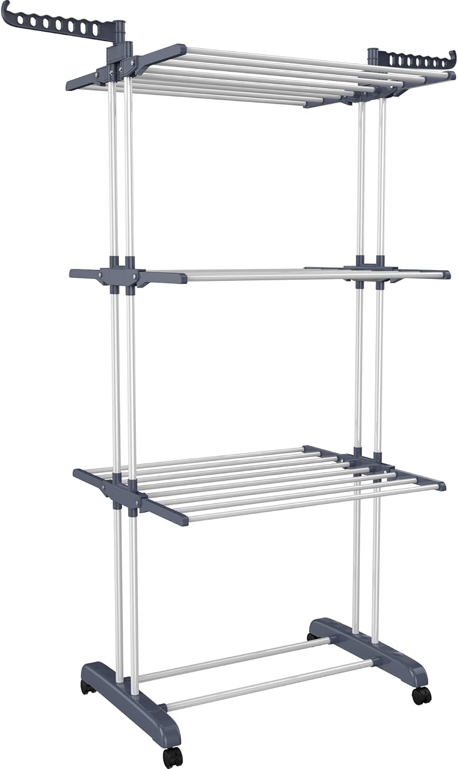image:imageHOMIDEC Clothes Drying Rack Oversized 4Tier677 High Foldable Stainless Steel Drying Rack Clothing Movable Drying Rack with 4 castors 24 Drying Poles and 14 Hooks for Bed Linen Clothing GreyGray