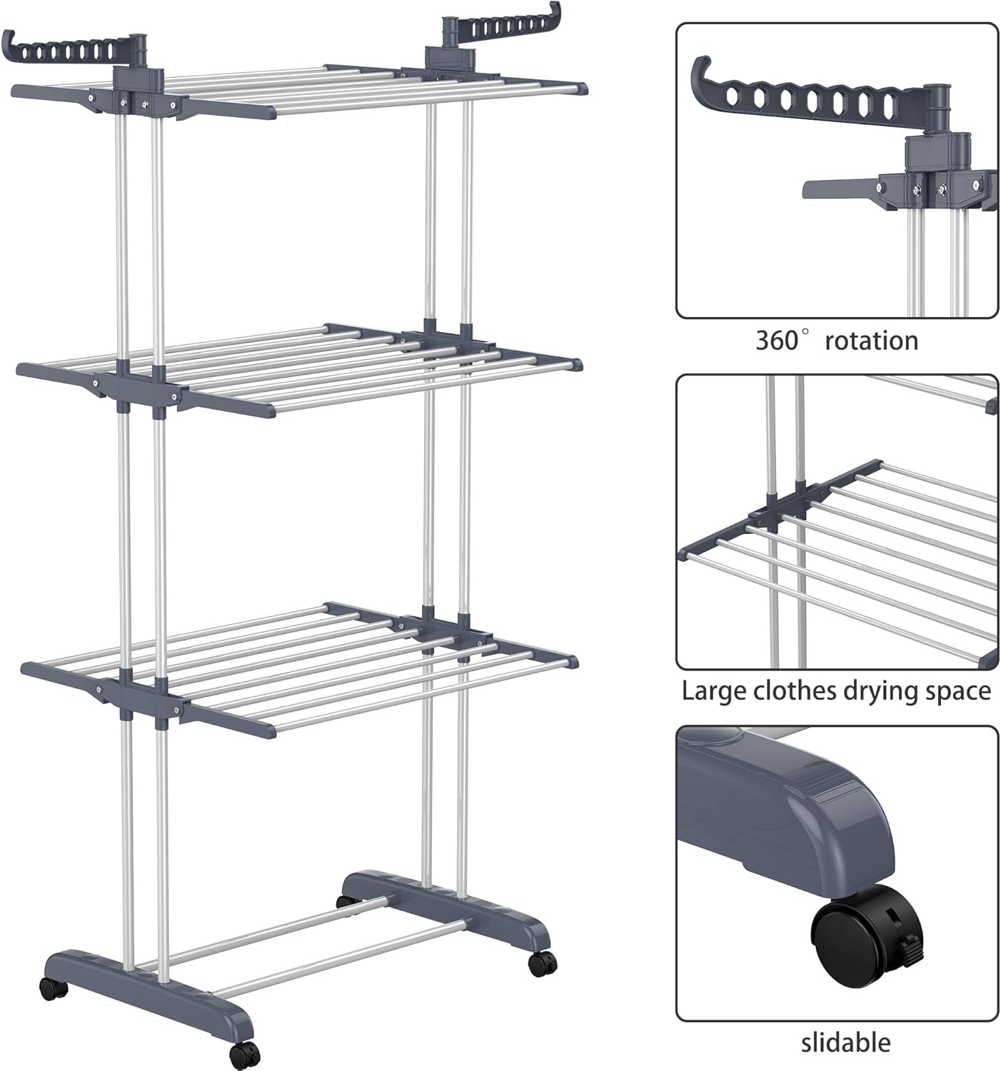 image:imageHOMIDEC Clothes Drying Rack Oversized 4Tier677 High Foldable Stainless Steel Drying Rack Clothing Movable Drying Rack with 4 castors 24 Drying Poles and 14 Hooks for Bed Linen Clothing GreyGray