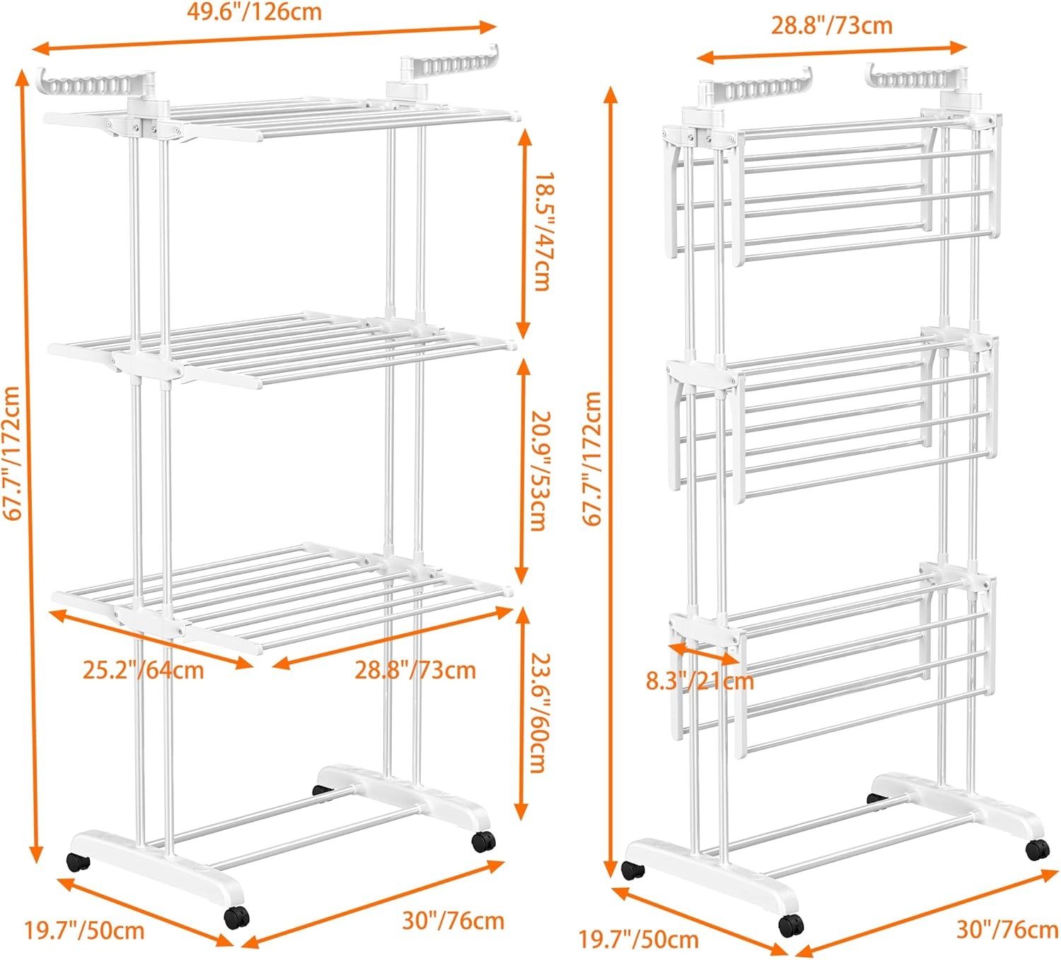 image:imageHOMIDEC Clothes Drying Rack Oversized 4Tier677 High Foldable Stainless Steel Drying Rack Clothing Movable Drying Rack with 4 castors 24 Drying Poles and 14 Hooks for Bed Linen Clothing GreyWhite