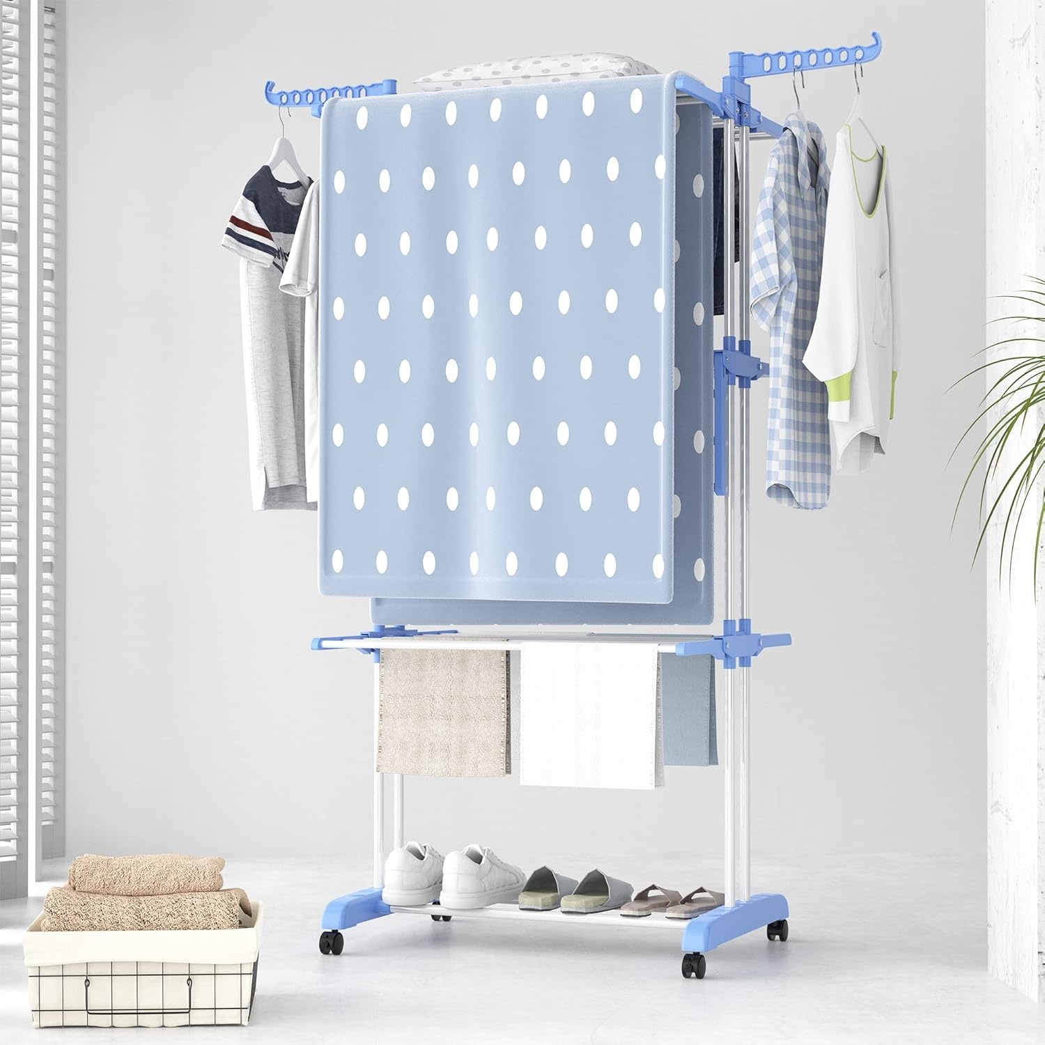 image:imageHOMIDEC Clothes Drying Rack Oversized 4Tier677 High Foldable Stainless Steel Drying Rack Clothing Movable Drying Rack with 4 castors 24 Drying Poles and 14 Hooks for Bed Linen Clothing GreyBlue