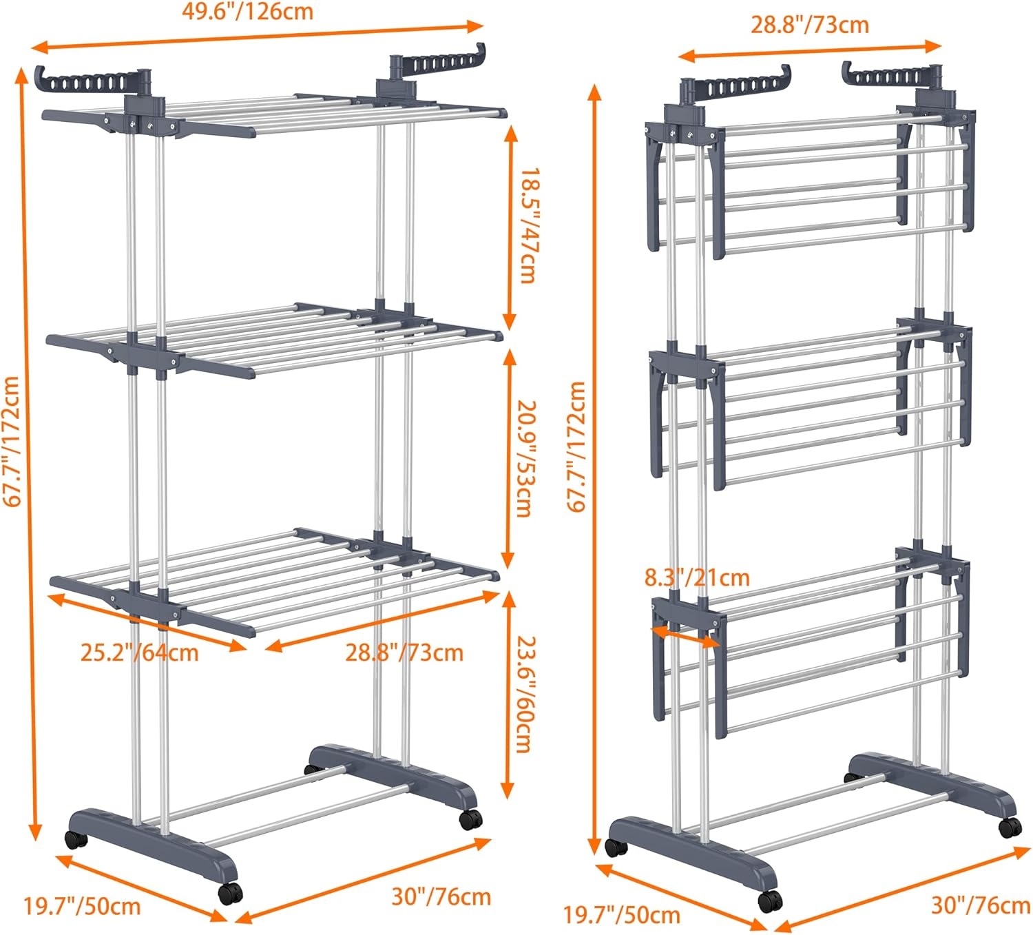 image:imageHOMIDEC Clothes Drying Rack Oversized 4Tier677 High Foldable Stainless Steel Drying Rack Clothing Movable Drying Rack with 4 castors 24 Drying Poles and 14 Hooks for Bed Linen Clothing GreyGray