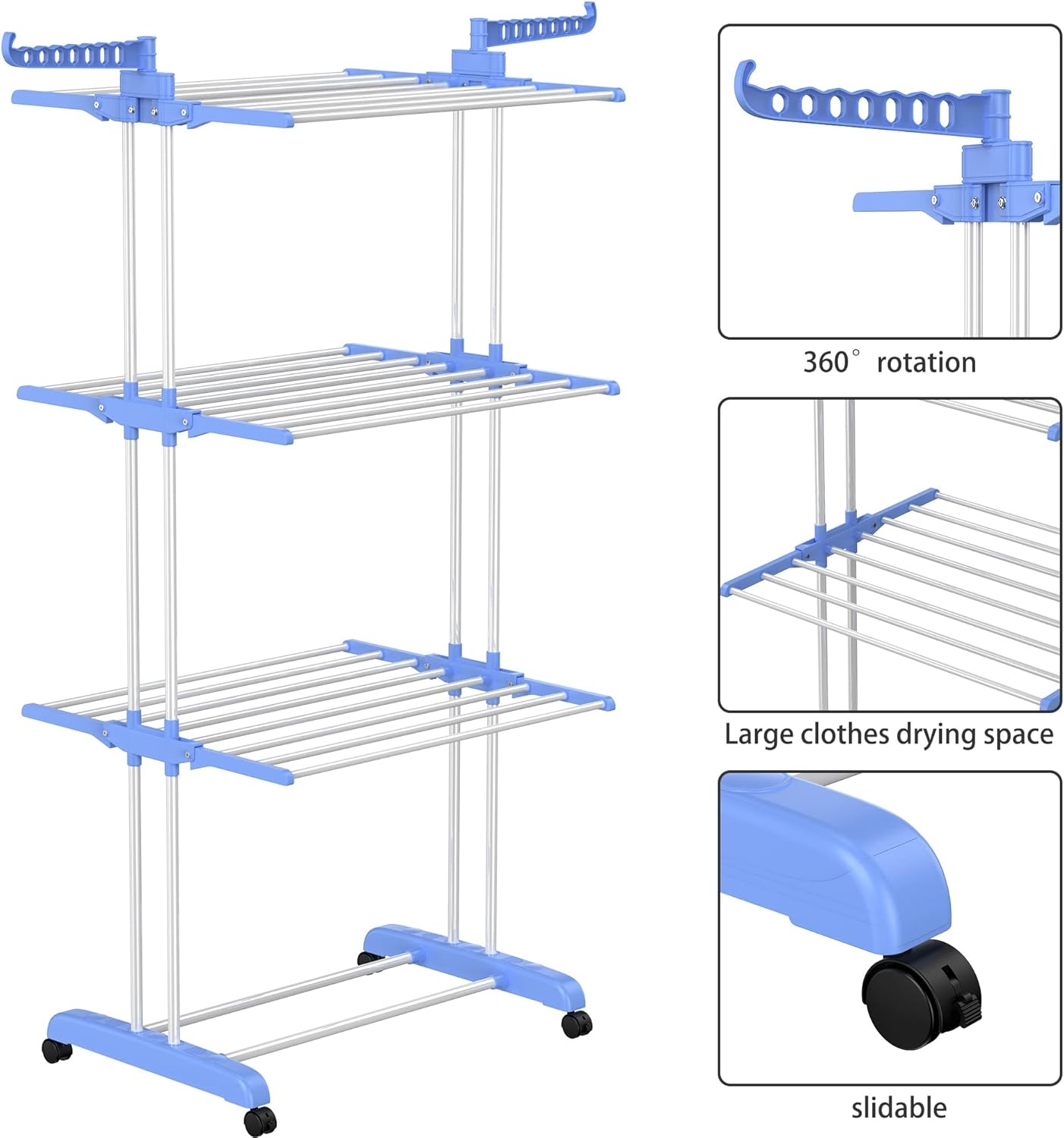 image:imageHOMIDEC Clothes Drying Rack Oversized 4Tier677 High Foldable Stainless Steel Drying Rack Clothing Movable Drying Rack with 4 castors 24 Drying Poles and 14 Hooks for Bed Linen Clothing GreyBlue