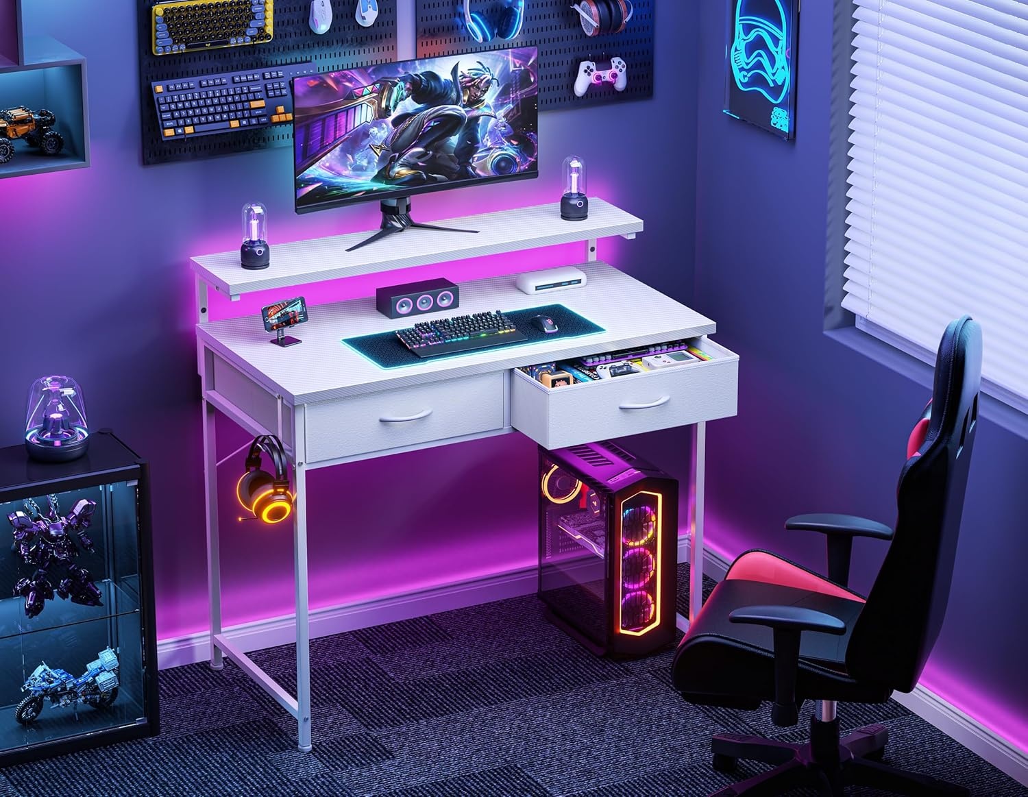 image:imageHOMIDEC Gaming Desk with Adjustable Monitor Stand Computer Office Desk with 2 Storage Drawers Gaming Table with Headphone Hook Carbon Fibre Surface for Gamers Workers and Students White 160cm