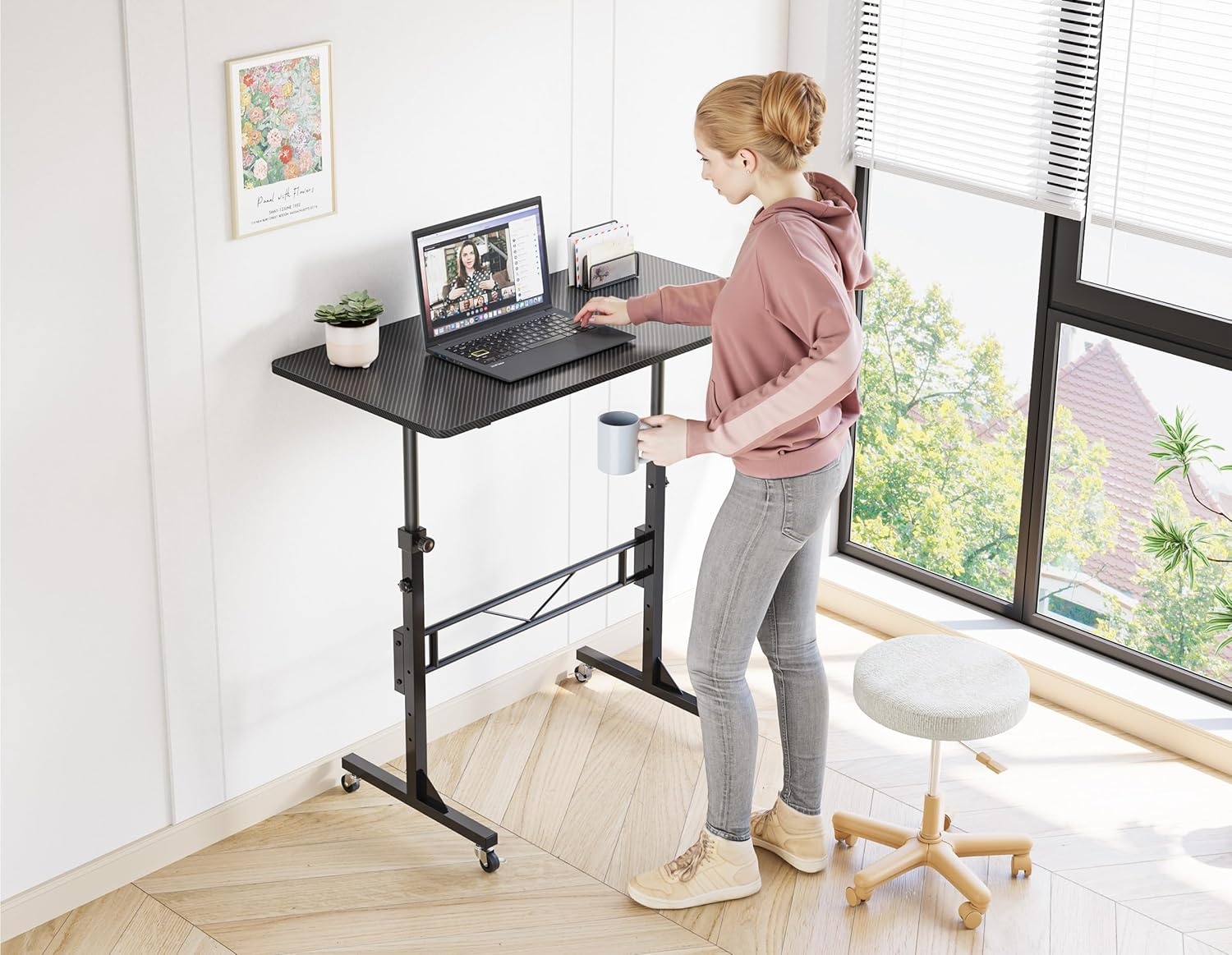 image:imageHOMIDEC Standing Desk 32 Inch Portable Small Desk Adjustable Height Rolling Home Office Desks with Wheels Sit Stand Desk for Bedroom Walking Pad Home Office Small Space BlackBlack