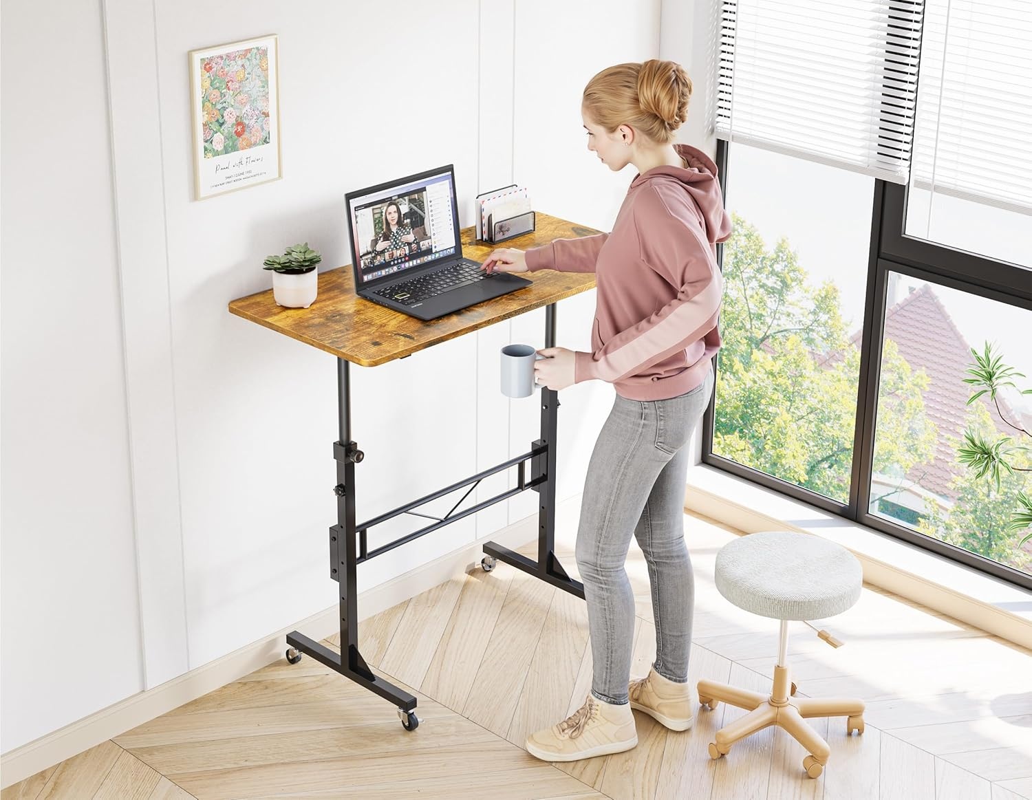 image:imageHOMIDEC Standing Desk 32 Inch Portable Small Desk Adjustable Height Rolling Home Office Desks with Wheels Sit Stand Desk for Bedroom Walking Pad Home Office Small Space BlackRustic