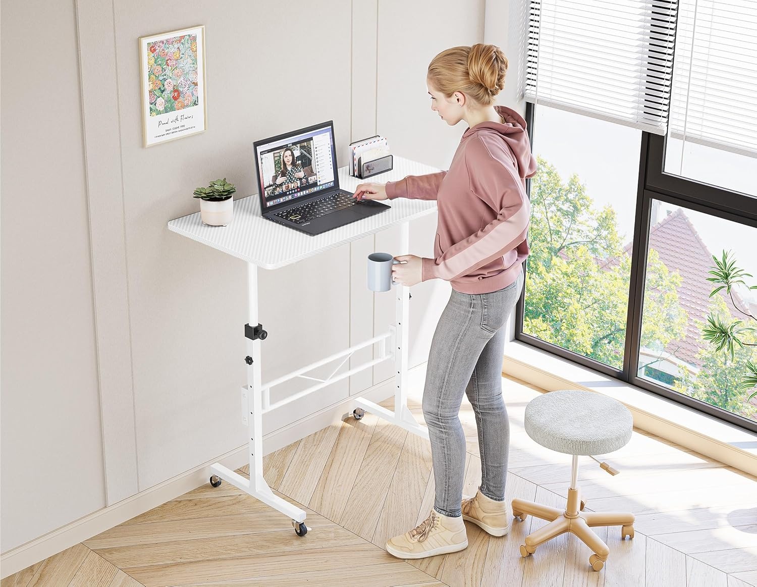 image:imageHOMIDEC Standing Desk 32 Inch Portable Small Desk Adjustable Height Rolling Home Office Desks with Wheels Sit Stand Desk for Bedroom Walking Pad Home Office Small Space BlackWhite