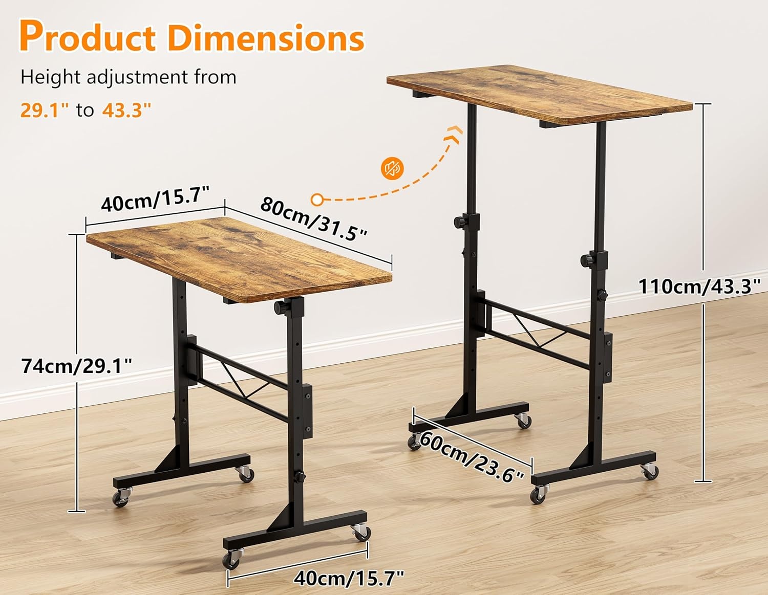 image:imageHOMIDEC Standing Desk 32 Inch Portable Small Desk Adjustable Height Rolling Home Office Desks with Wheels Sit Stand Desk for Bedroom Walking Pad Home Office Small Space BlackRustic