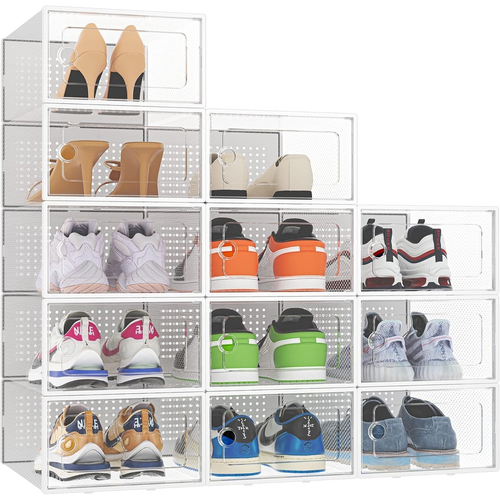 image:imageHOMIDEC 12 Pack Shoe Storage Box Clear Plastic Stackable Sneaker Box Shoe Organizer for Closet Under Bed EntrywayWhite