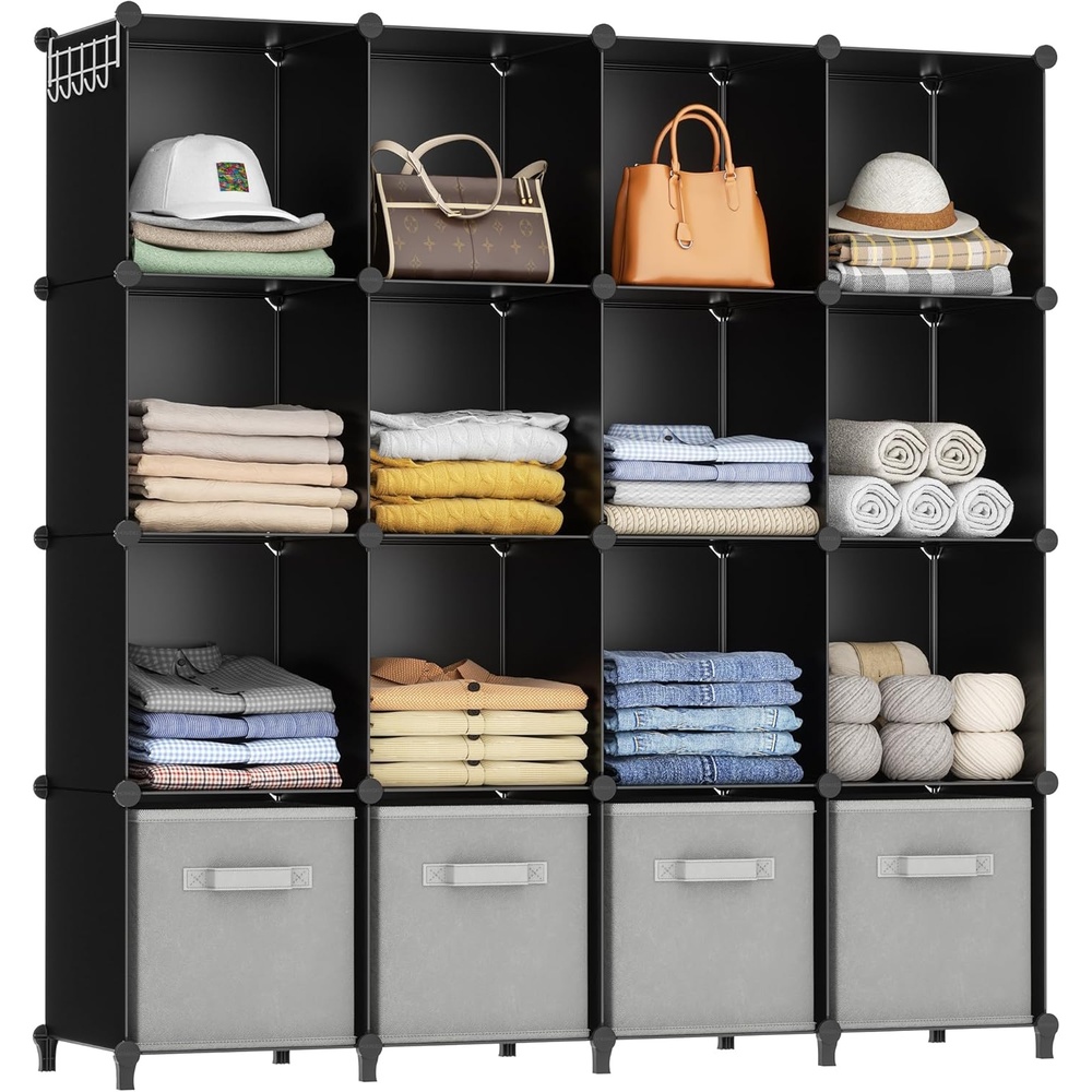 image:imageHOMIDEC Closet Organizers and Storage 16 Cube Storage Organizer Closet Organizer Bookshelf Cubes Shelves for Clothes Bedroom Kids Room Bathroom Wardrobe Garment Racks BlackBlack