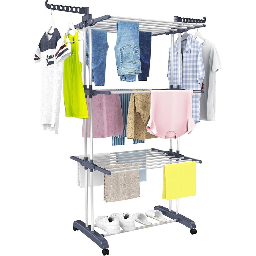 image:imageHOMIDEC Clothes Drying Rack Oversized 4Tier677 High Foldable Stainless Steel Drying Rack Clothing Movable Drying Rack with 4 castors 24 Drying Poles and 14 Hooks for Bed Linen Clothing GreyGray