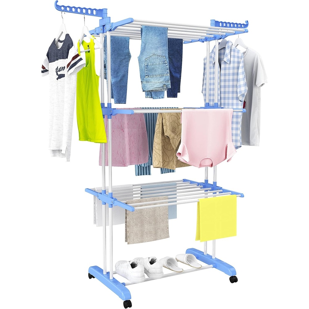 image:imageHOMIDEC Clothes Drying Rack Oversized 4Tier677 High Foldable Stainless Steel Drying Rack Clothing Movable Drying Rack with 4 castors 24 Drying Poles and 14 Hooks for Bed Linen Clothing GreyBlue