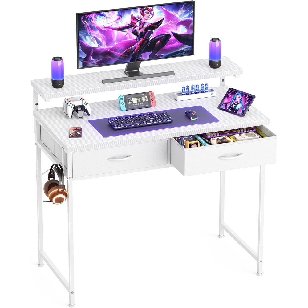 image:imageHOMIDEC Gaming Desk with Adjustable Monitor Stand Computer Office Desk with 2 Storage Drawers Gaming Table with Headphone Hook Carbon Fibre Surface for Gamers Workers and Students White 160cm