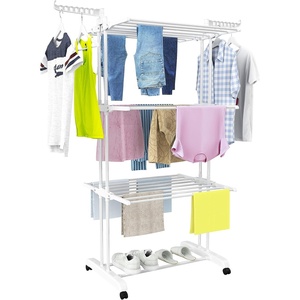 image:imageHOMIDEC Clothes Drying Rack Oversized 4Tier677 High Foldable Stainless Steel Drying Rack Clothing Movable Drying Rack with 4 castors 24 Drying Poles and 14 Hooks for Bed Linen Clothing GreyWhite